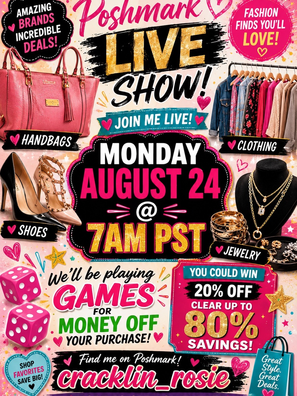 Live Show Promotional Poster Monday @ 7am.  20-80%off. There will be games!
